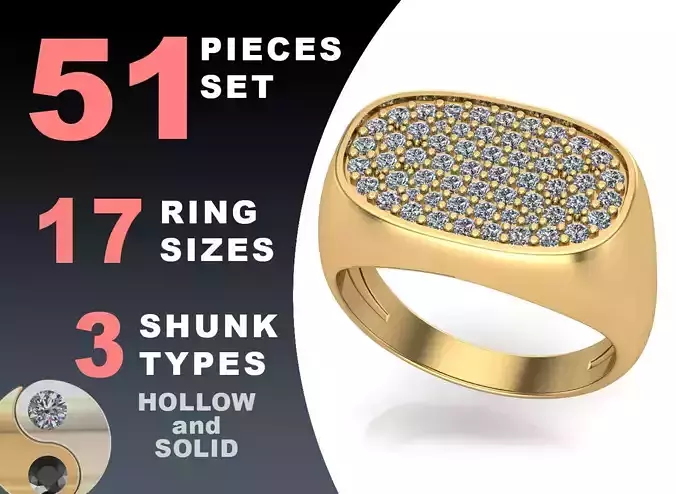 Signet rings set ROUNDED SQUARE top 3D print model