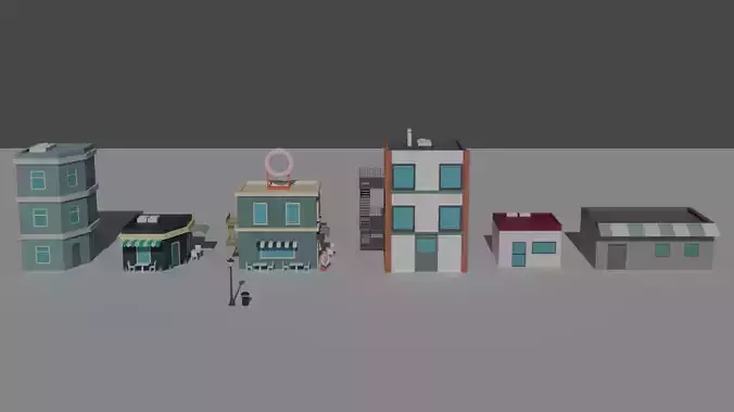 Low Poly  Building and Shop Set Low-poly 3D model