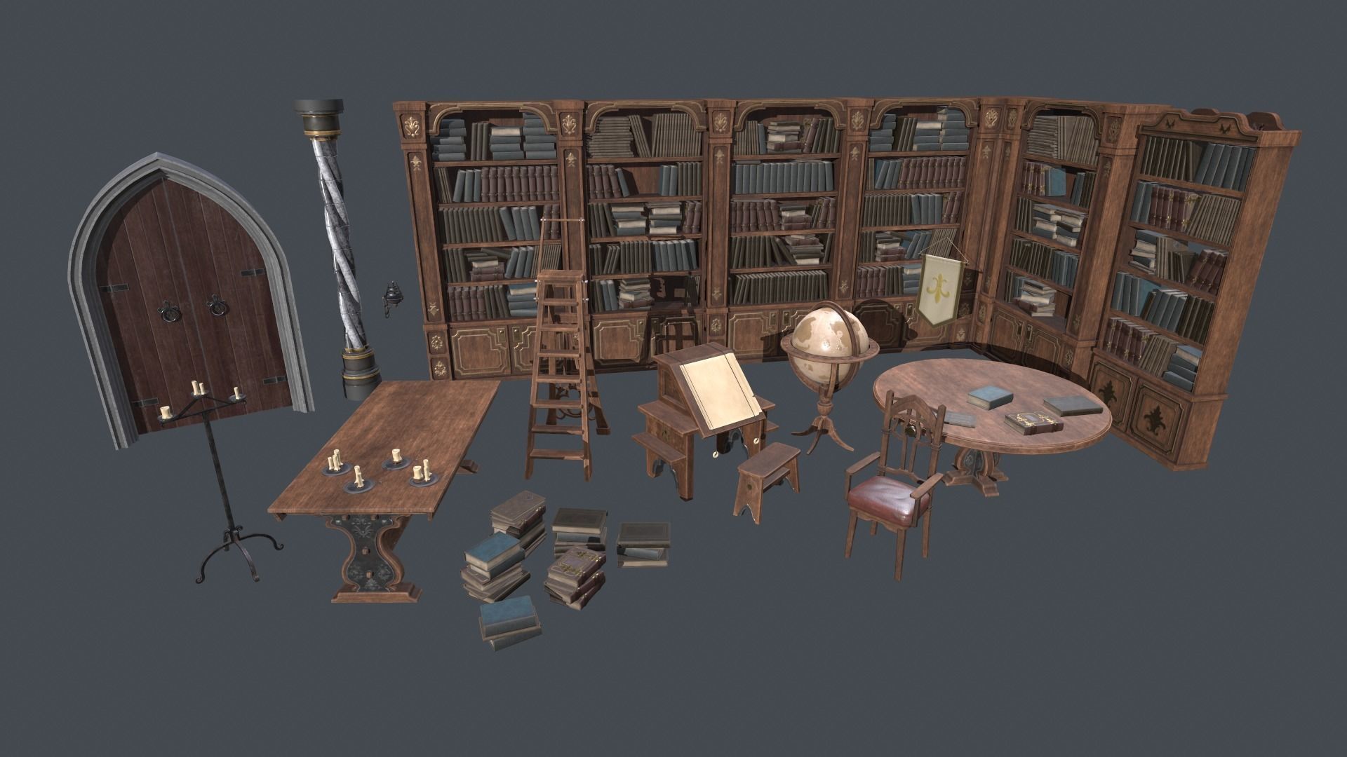 Medieval Fantasy Library model pack low-poly PBR Low-poly 3D model_2