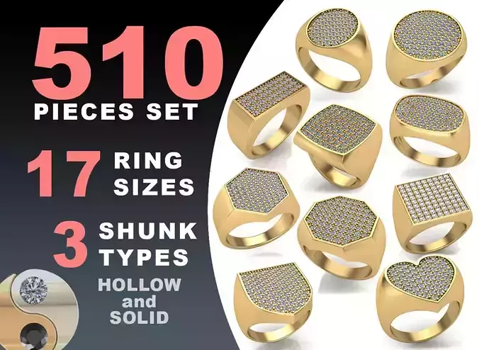 Signet rings 10 shapes set 3D Model Collection