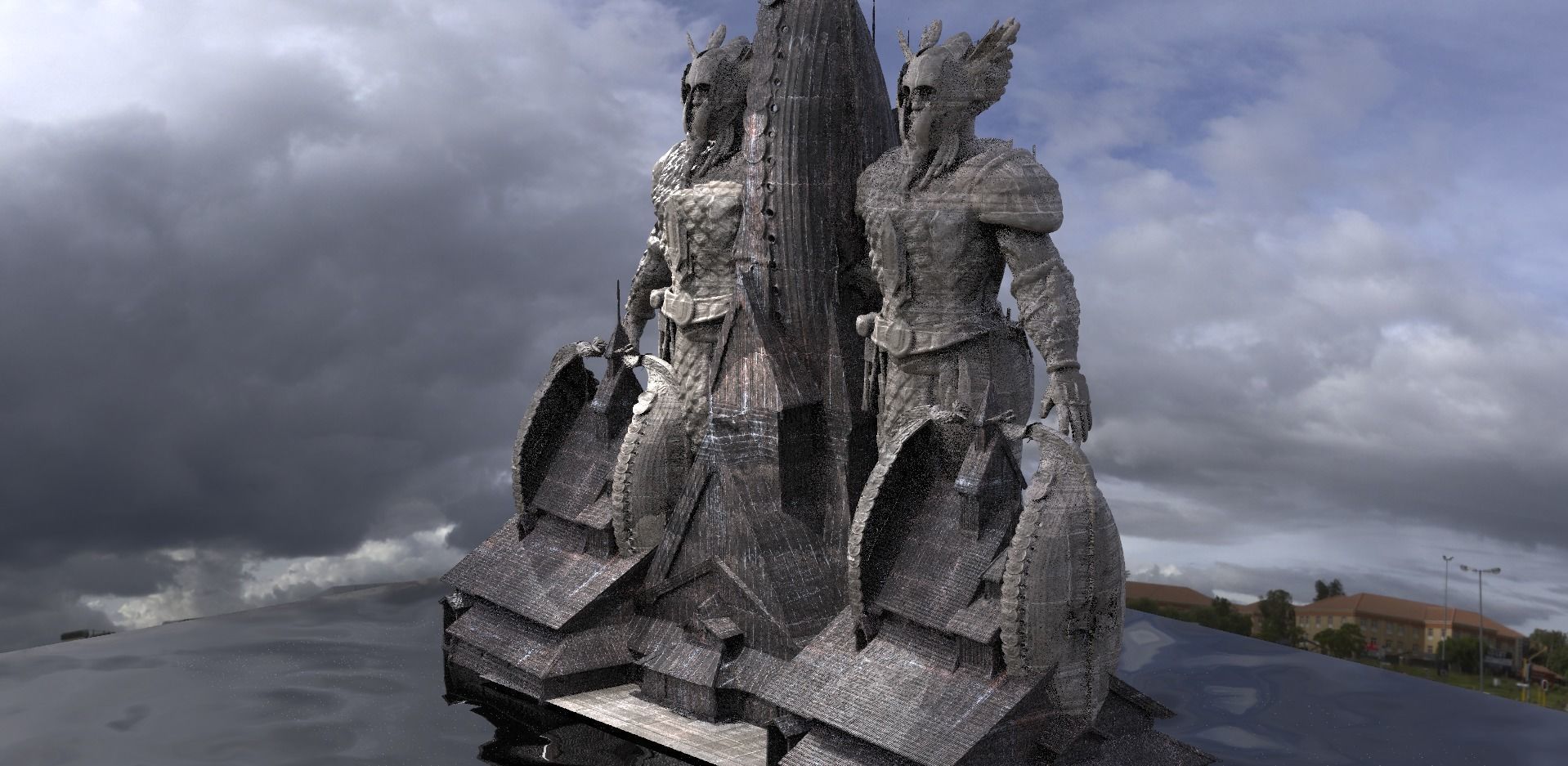 Viking Hall exterior ship design With Statue of warrior 2 3D model_1