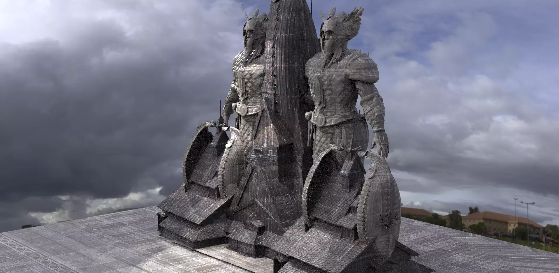 Viking Hall exterior ship design With Statue of warrior 2 3D model_0