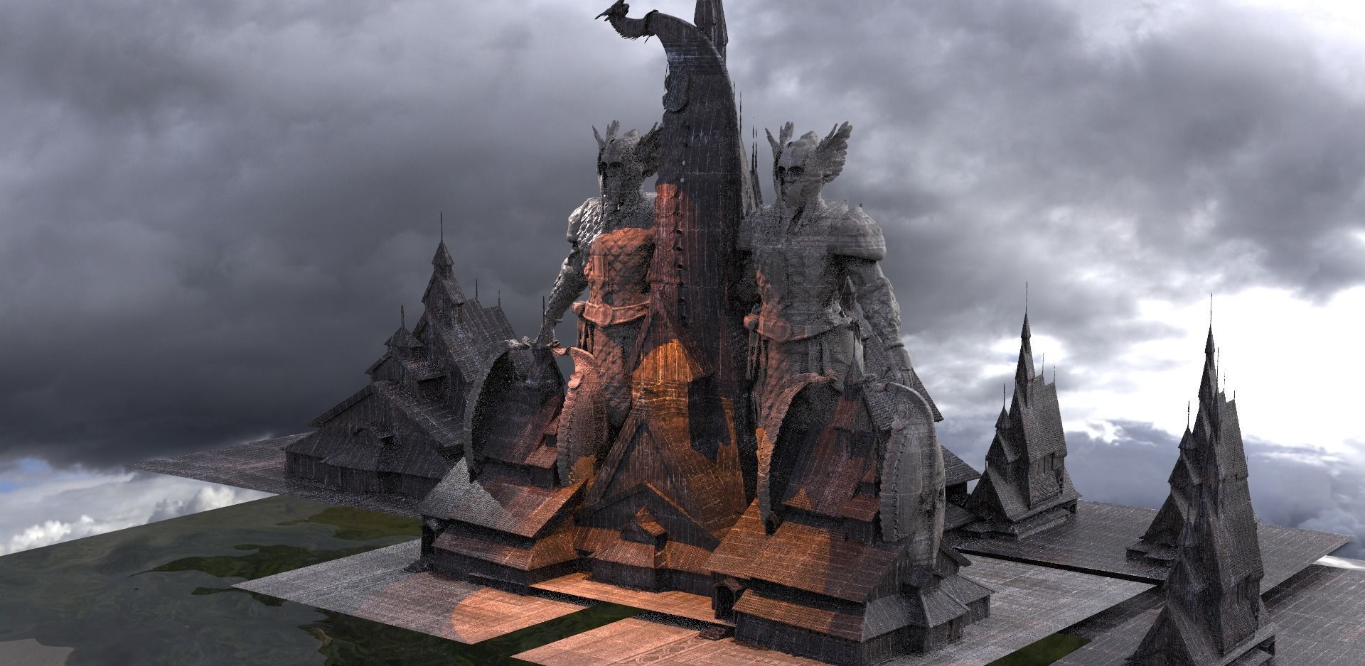 Viking Town with Statue of warrior 2  3D model_1