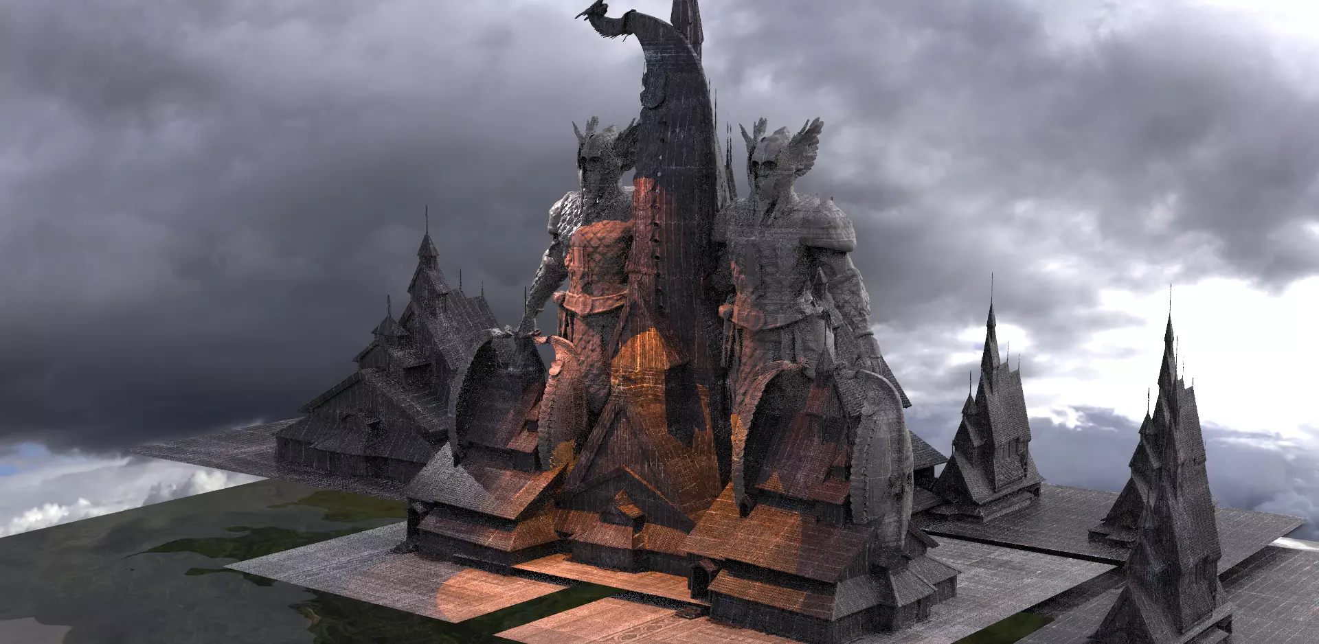 Viking Town with Statue of warrior 2  3D model_0