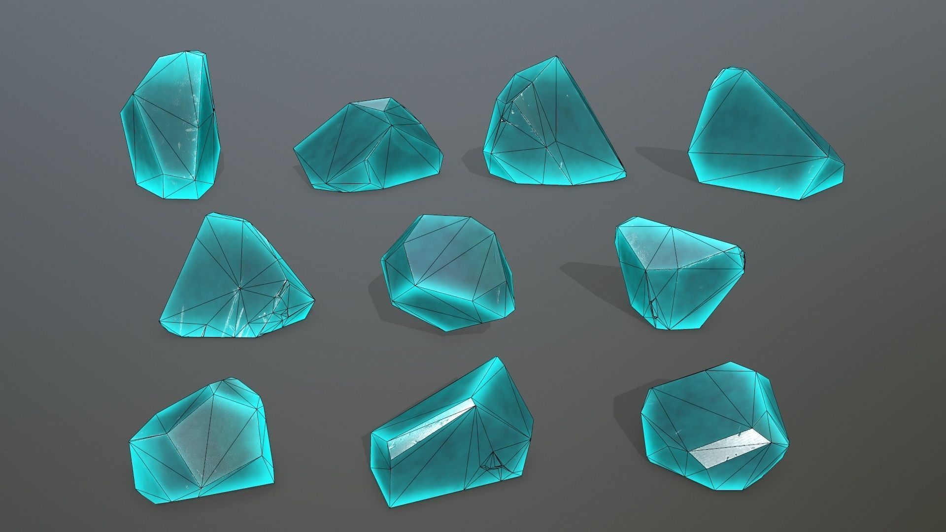 Crystal Set of turquoise crystals Low-poly 3D model_11