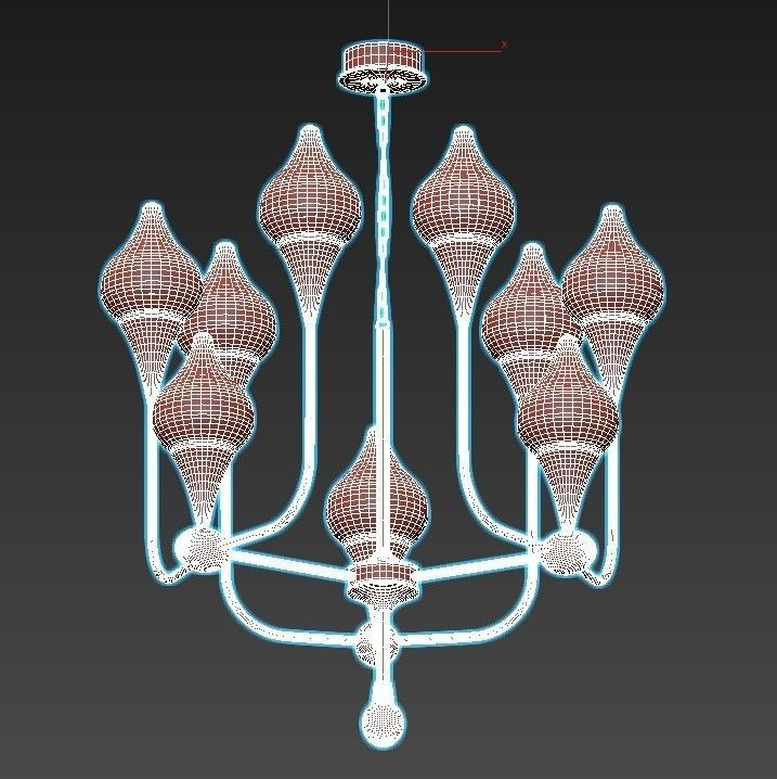 FLAME chandelier with brass and glass shades 3D model_2