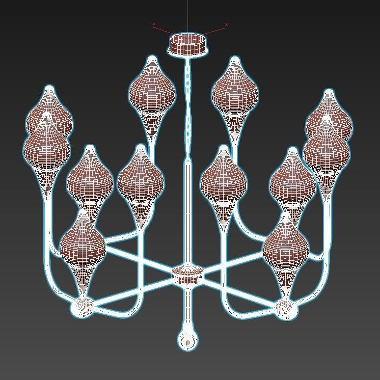 FLAME chandelier with gold and glass shades 3D model_2