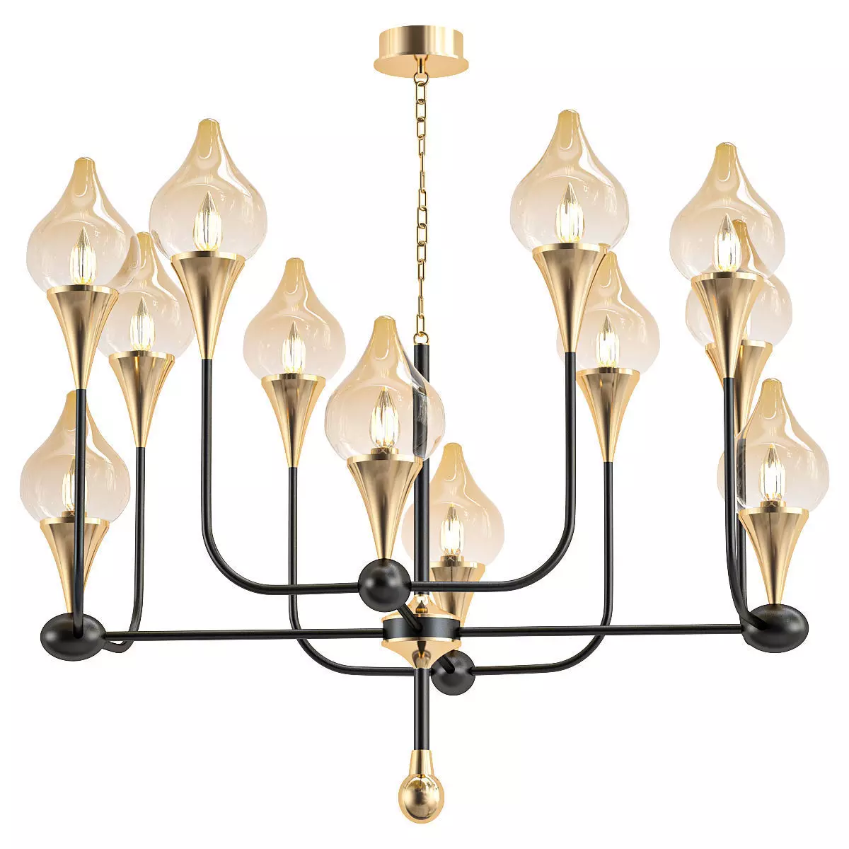 FLAME chandelier with gold and glass shades 3D model_0