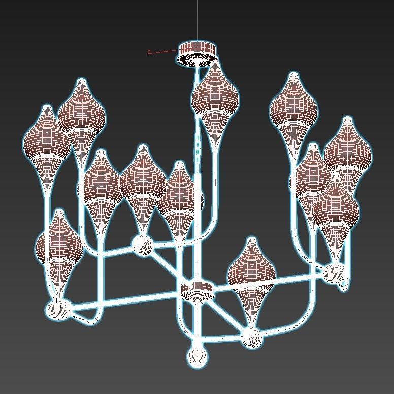 FLAME chandelier with gold and glass shades 3D model_3
