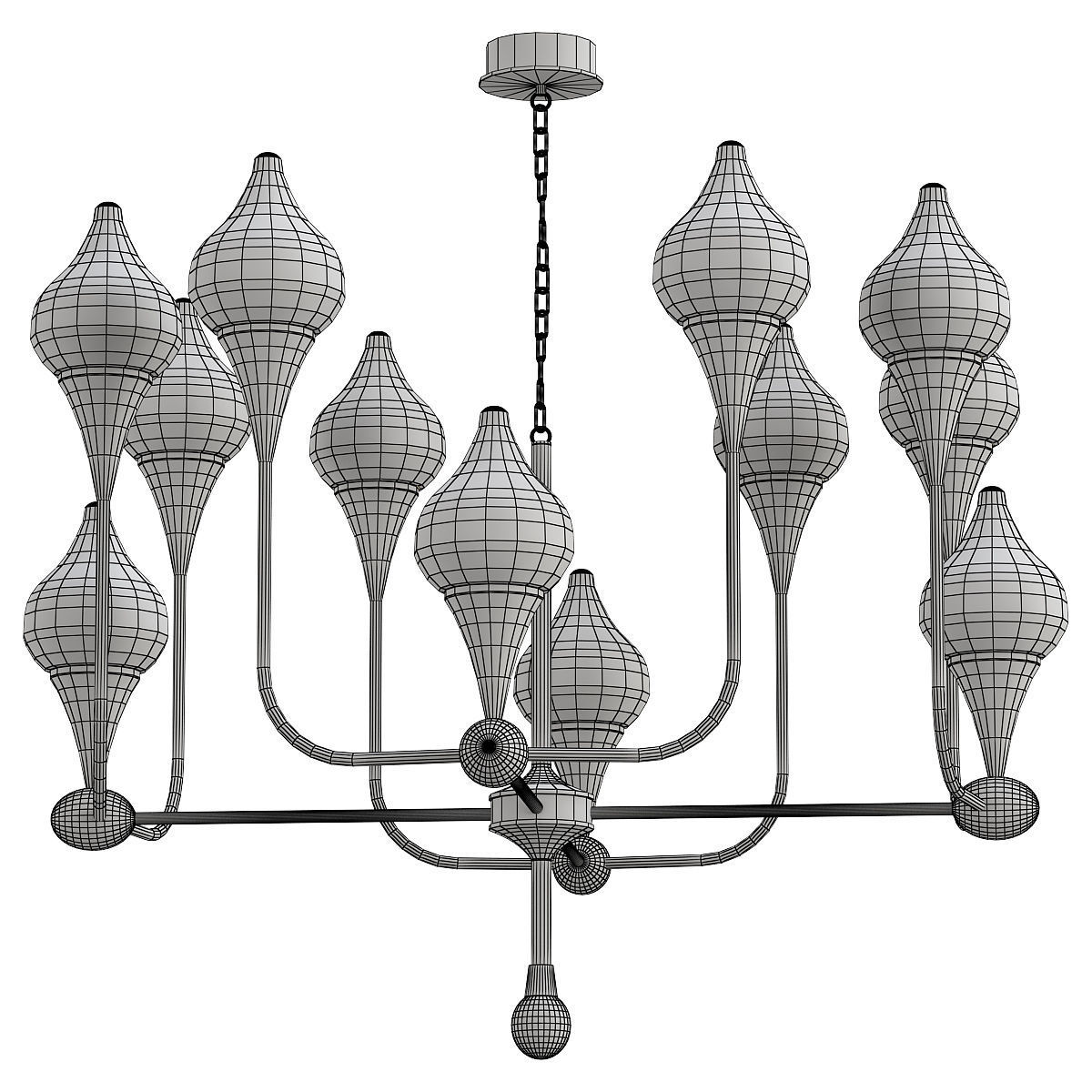 FLAME chandelier with gold and glass shades 3D model_1