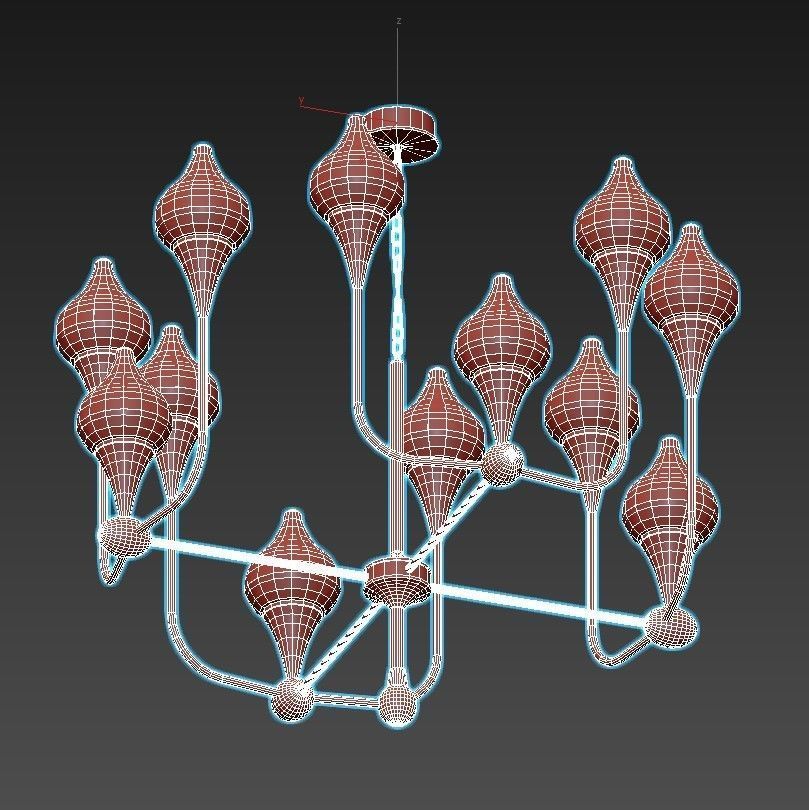 FLAME chandelier with gold and glass shades 3D model_6