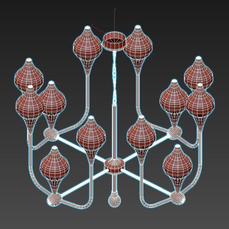 FLAME chandelier with gold and glass shades 3D model_5