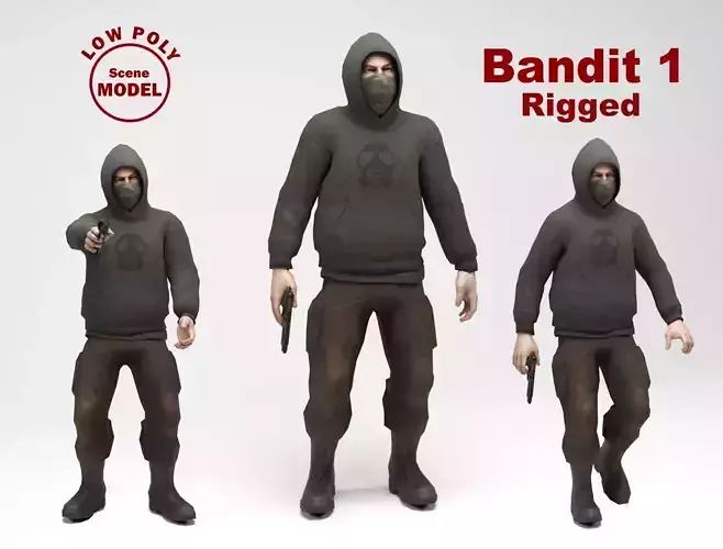 Bandit 1 man wearing hoodie and holding gun Low-poly 3D model