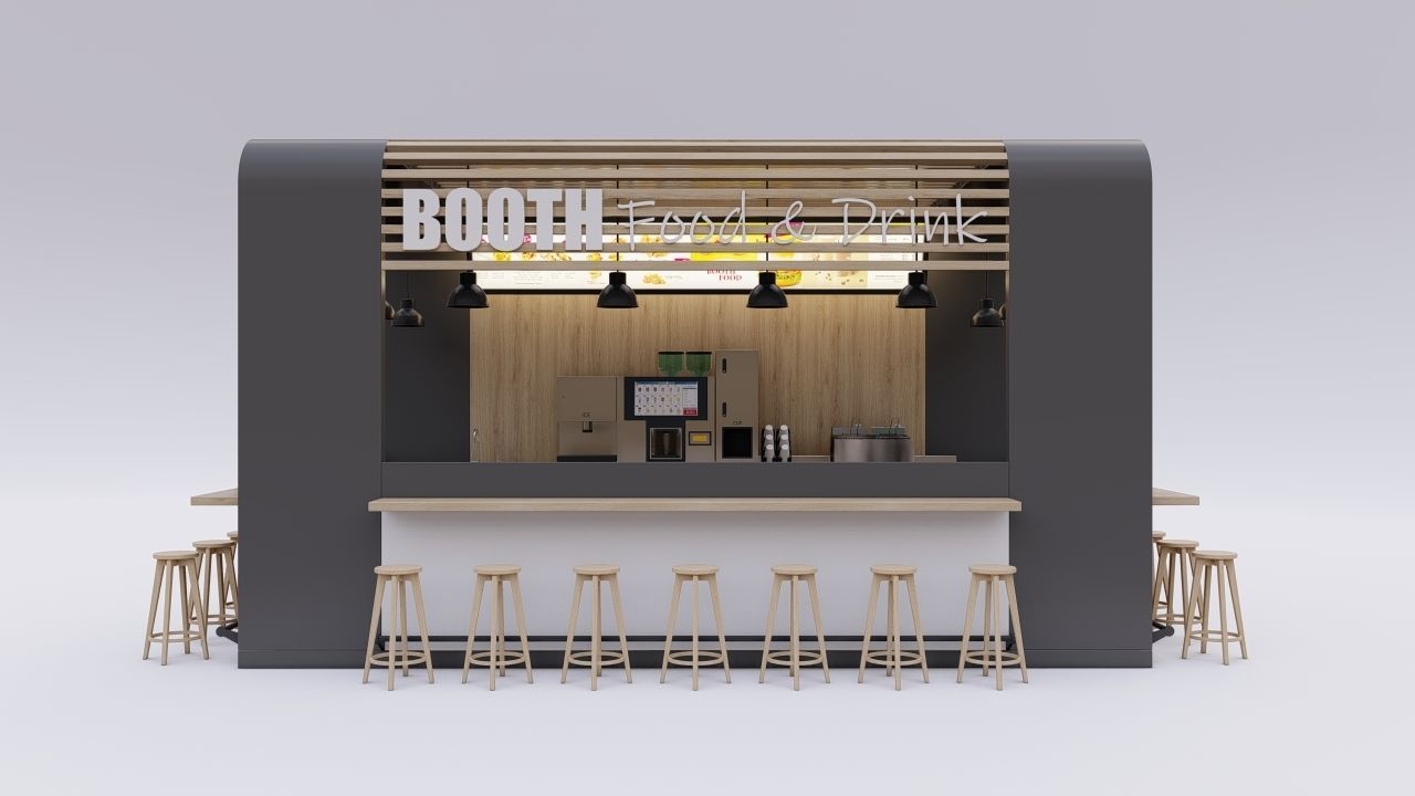 Booth 3 bar counter with stools and chairs 3D model_1