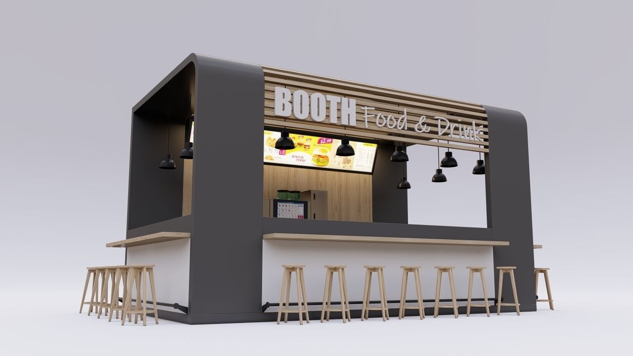 Booth 3 bar counter with stools and chairs 3D model_4