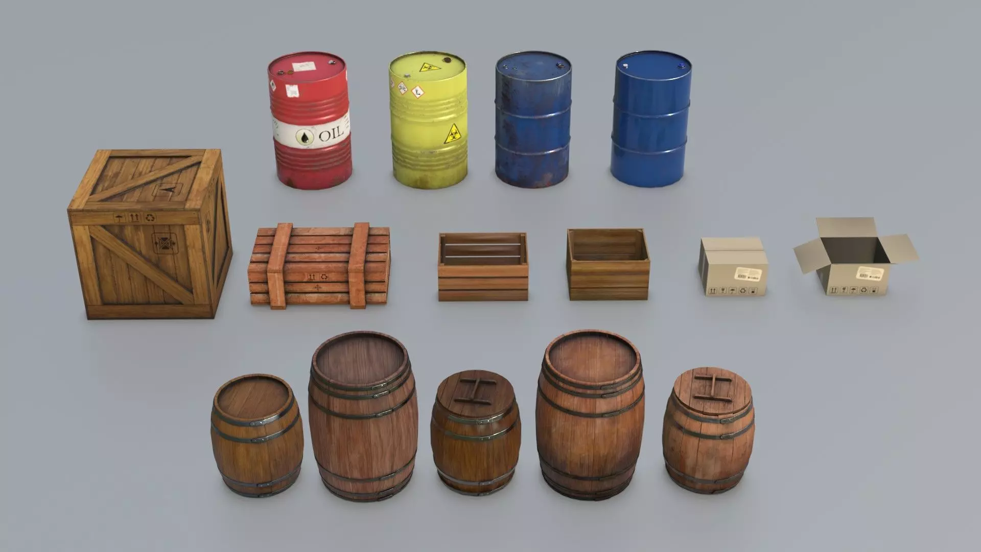 Boxes and Barrels Low-poly 3D model_0