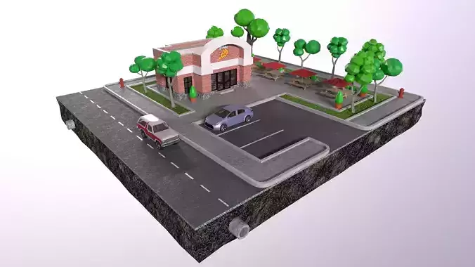 low-poly 3D PBR set pizzeria City VR  Low-poly 3D model