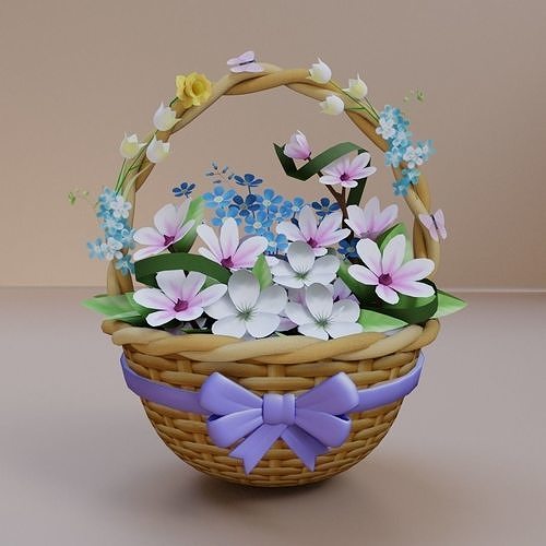 Basket of flowers lily Low-poly 3D model