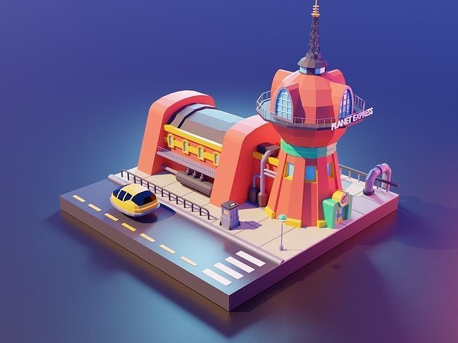 futurama low poly tower and future  car render in blender Low-poly 3D model