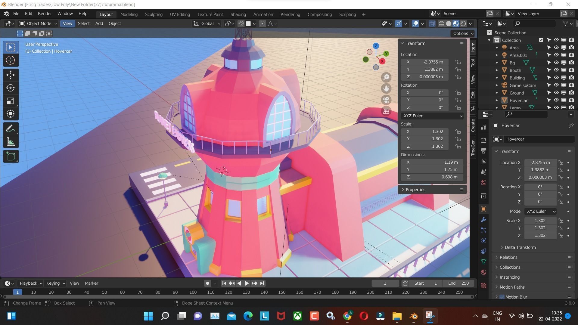 futurama low poly tower and future  car render in blender Low-poly 3D model_8