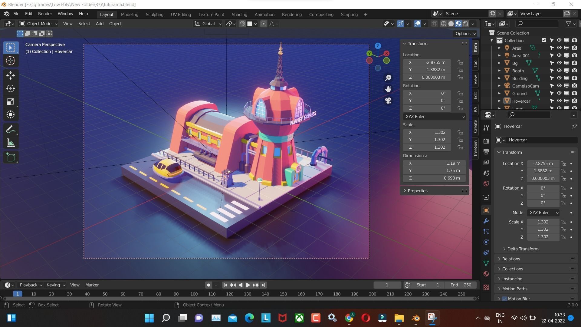 futurama low poly tower and future  car render in blender Low-poly 3D model_4