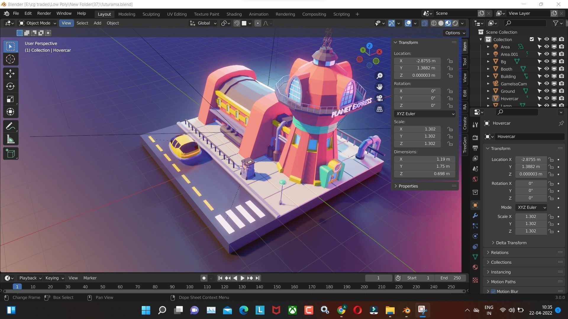 futurama low poly tower and future  car render in blender Low-poly 3D model_3