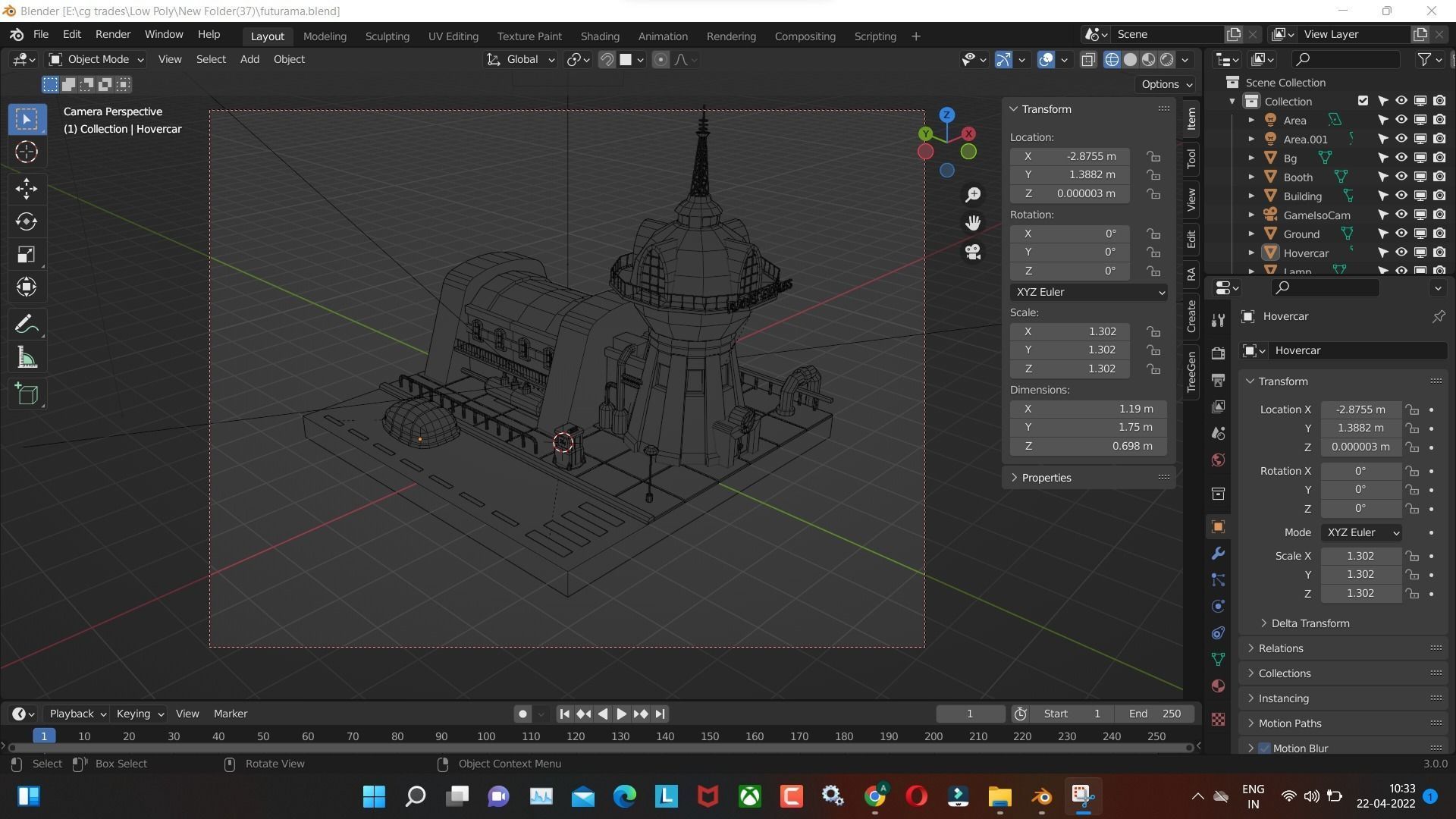 futurama low poly tower and future  car render in blender Low-poly 3D model_2