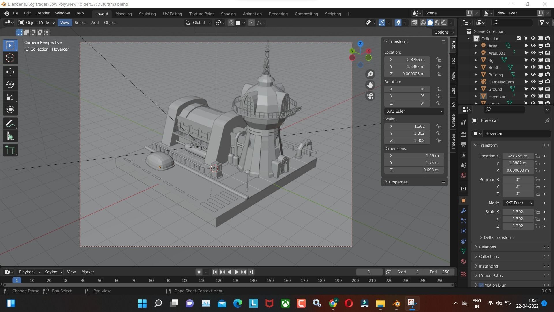futurama low poly tower and future  car render in blender Low-poly 3D model_1