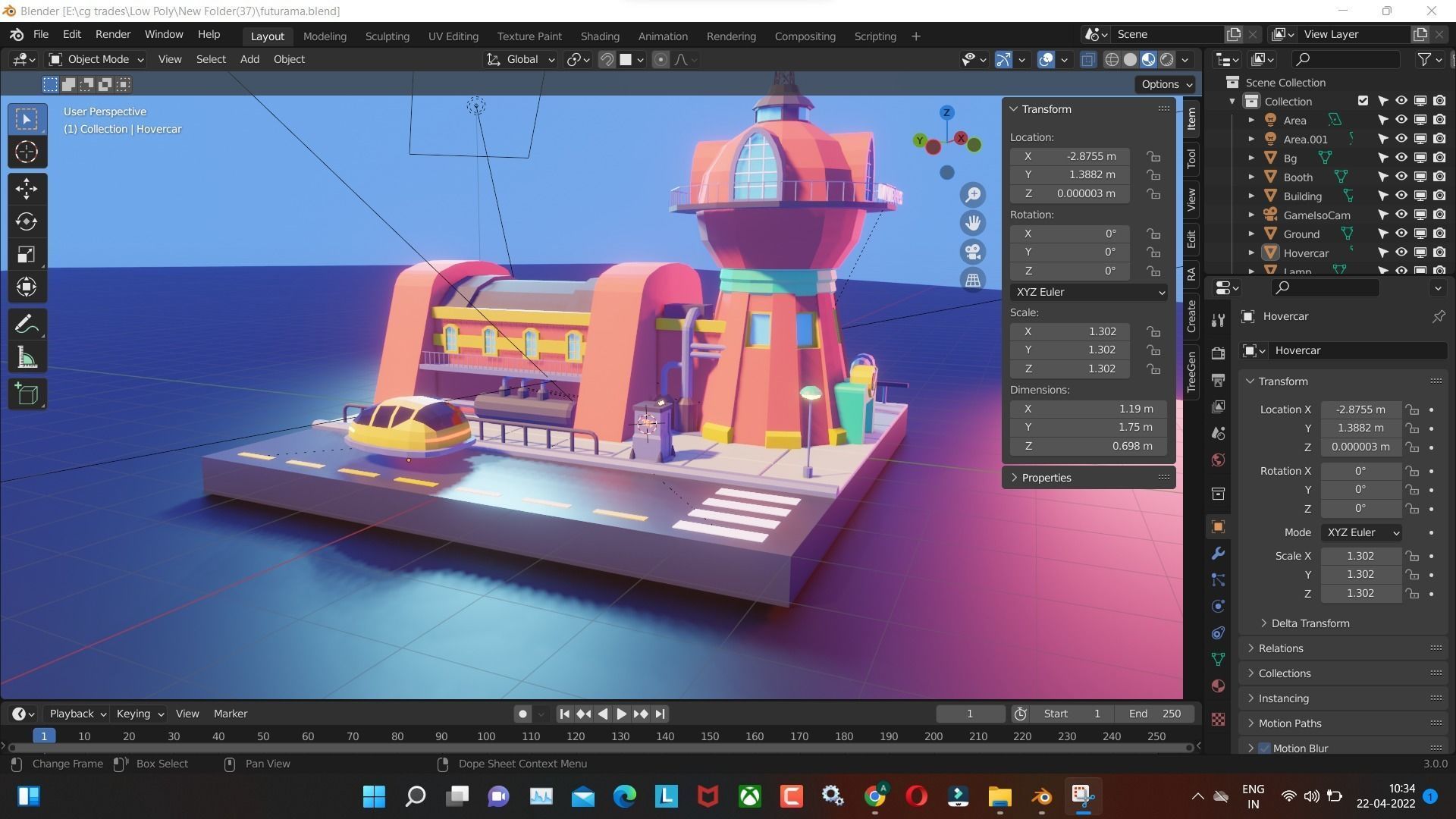 futurama low poly tower and future  car render in blender Low-poly 3D model_5