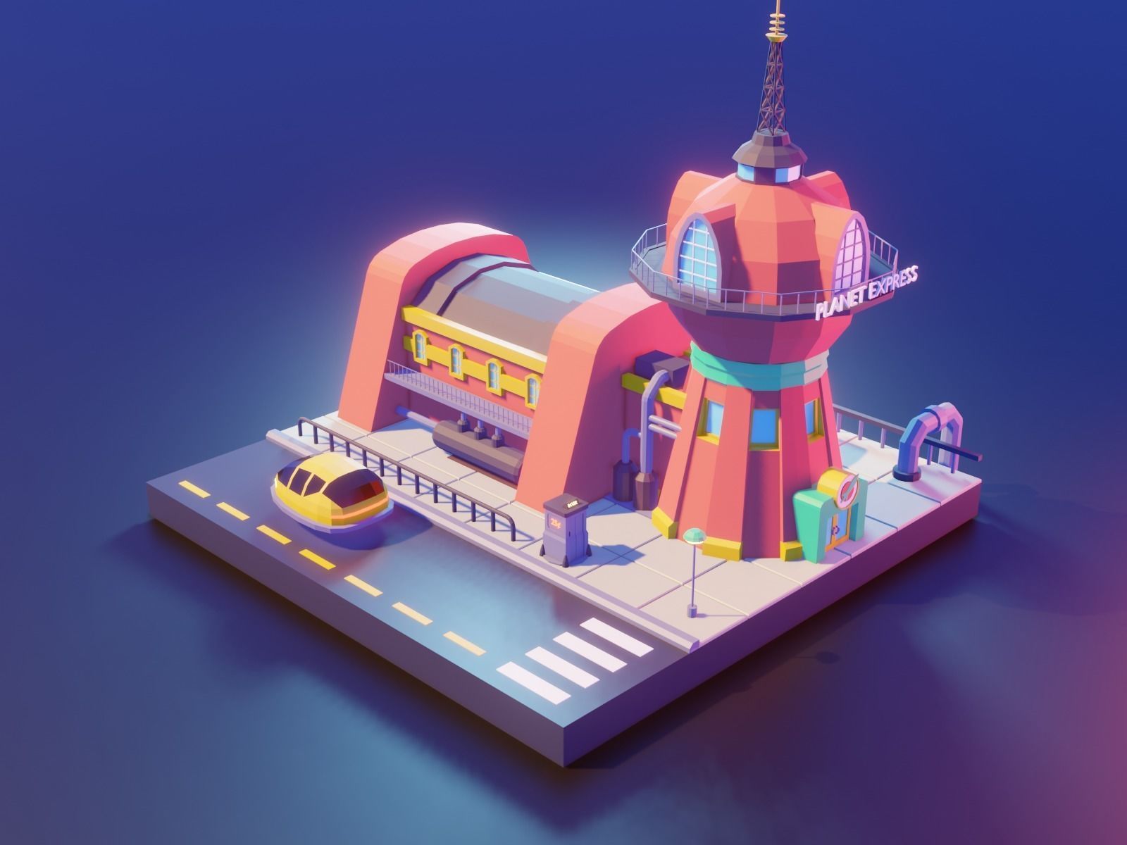 futurama low poly tower and future  car render in blender Low-poly 3D model_9