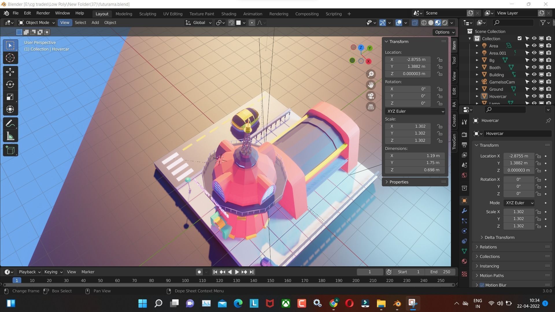 futurama low poly tower and future  car render in blender Low-poly 3D model_6
