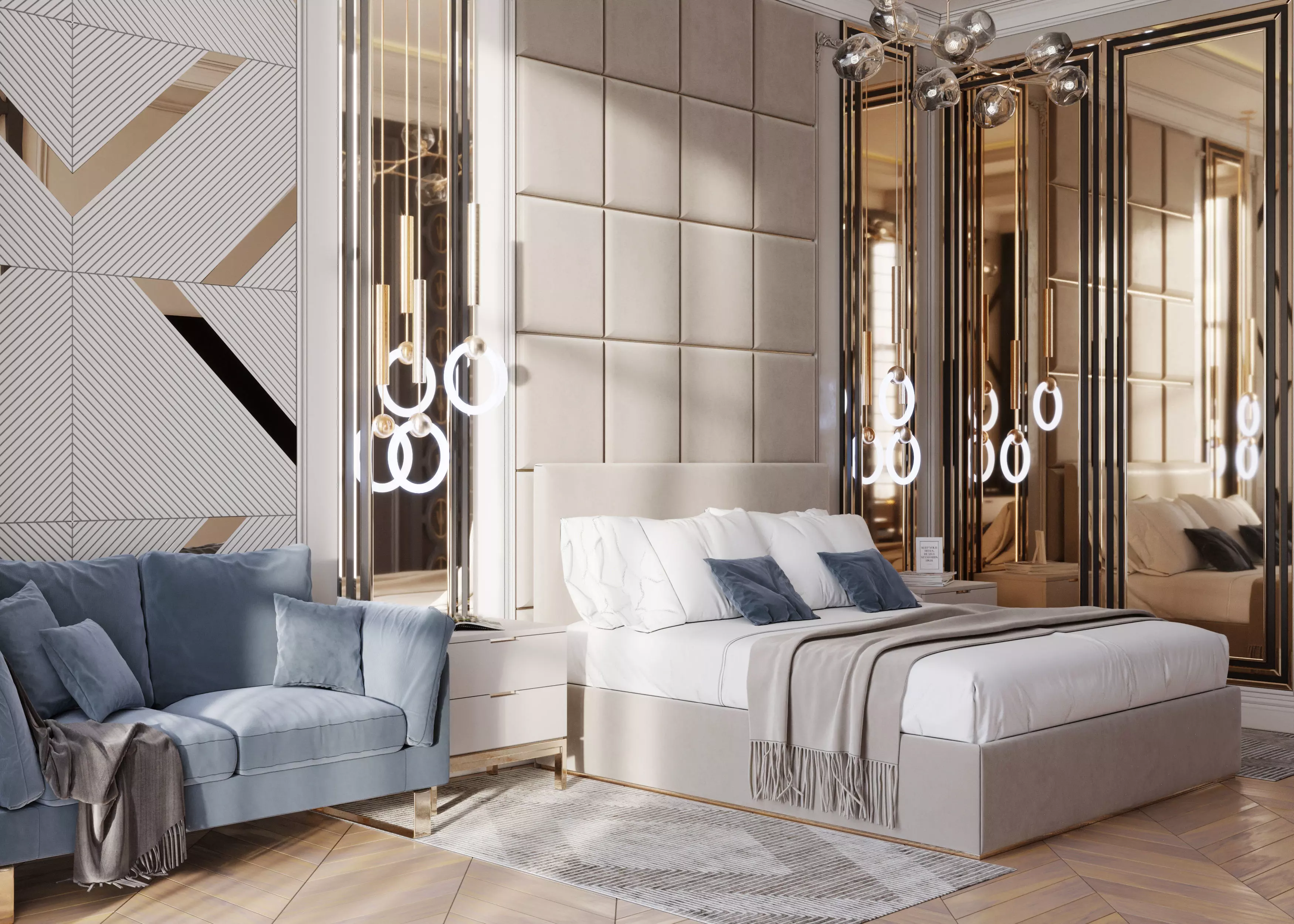Bedroom with mirrors and gold accents Low-poly 3D model_0