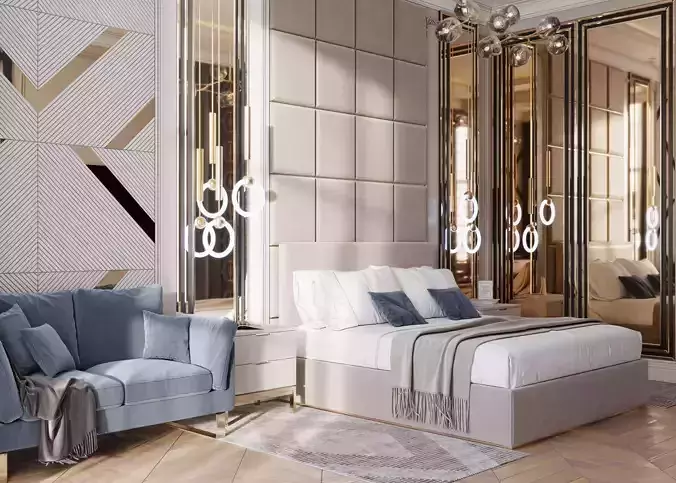Bedroom with mirrors and gold accents