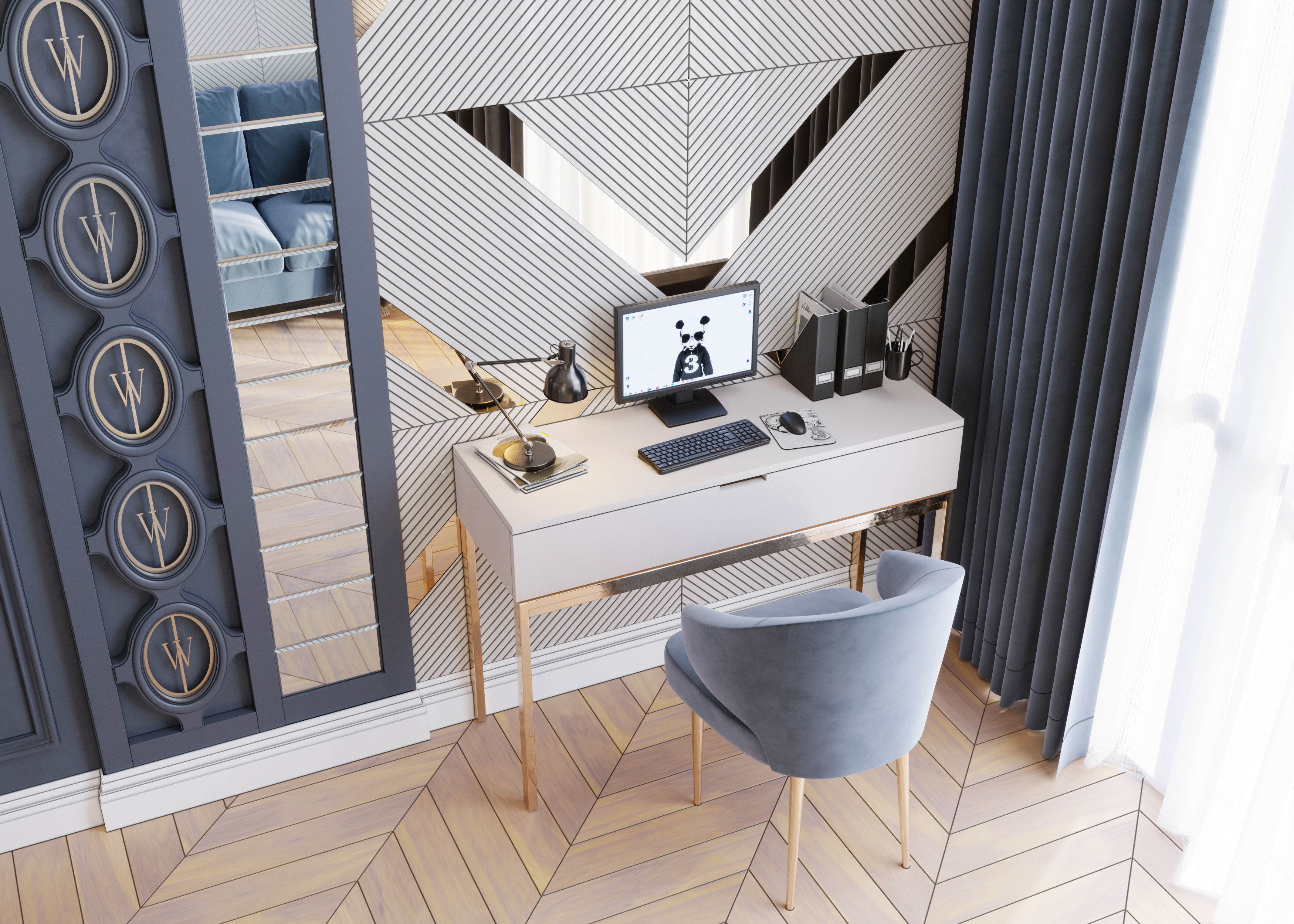 Bedroom with mirrors and gold accents Low-poly 3D model_3