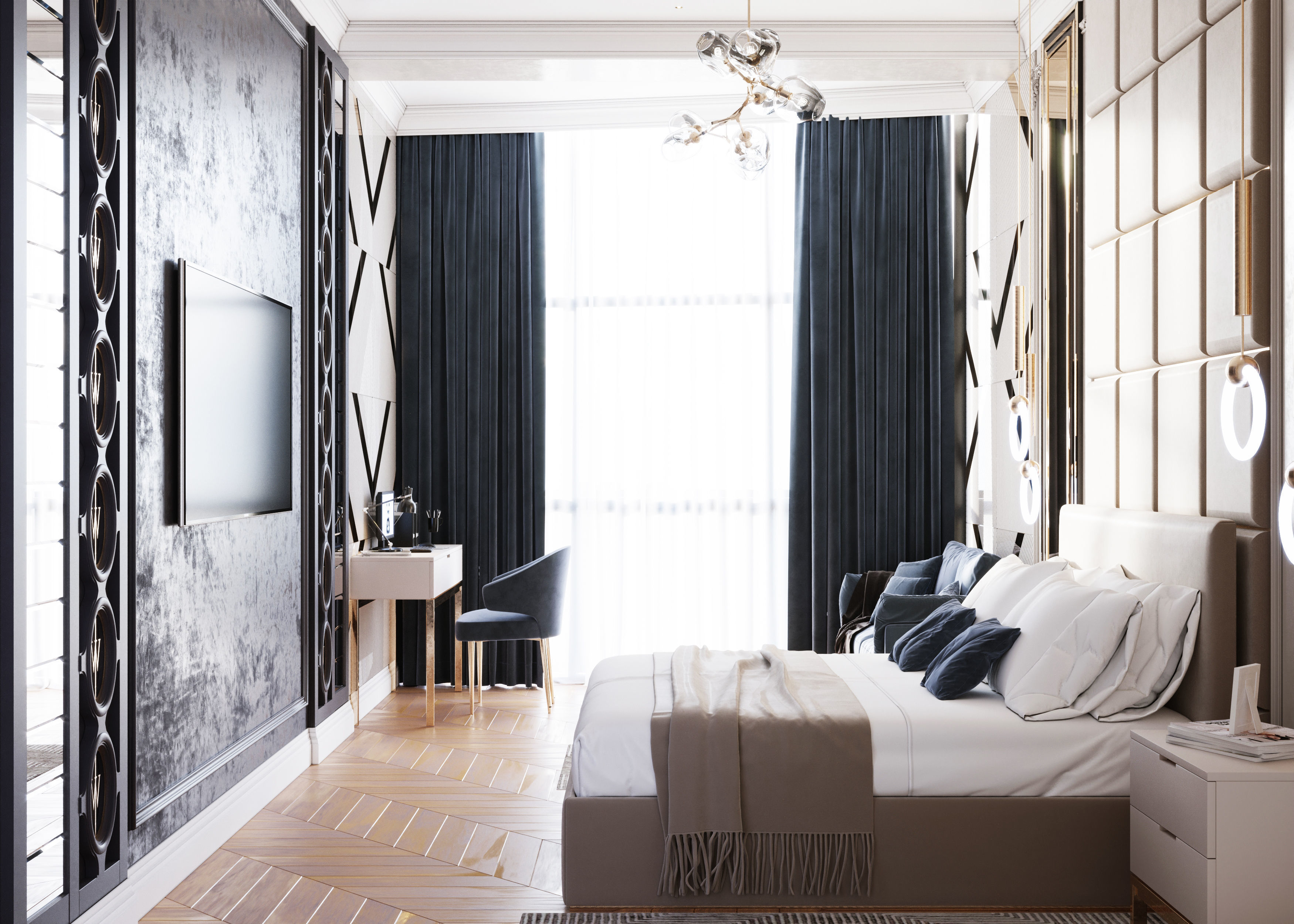 Bedroom with mirrors and gold accents Low-poly 3D model_4