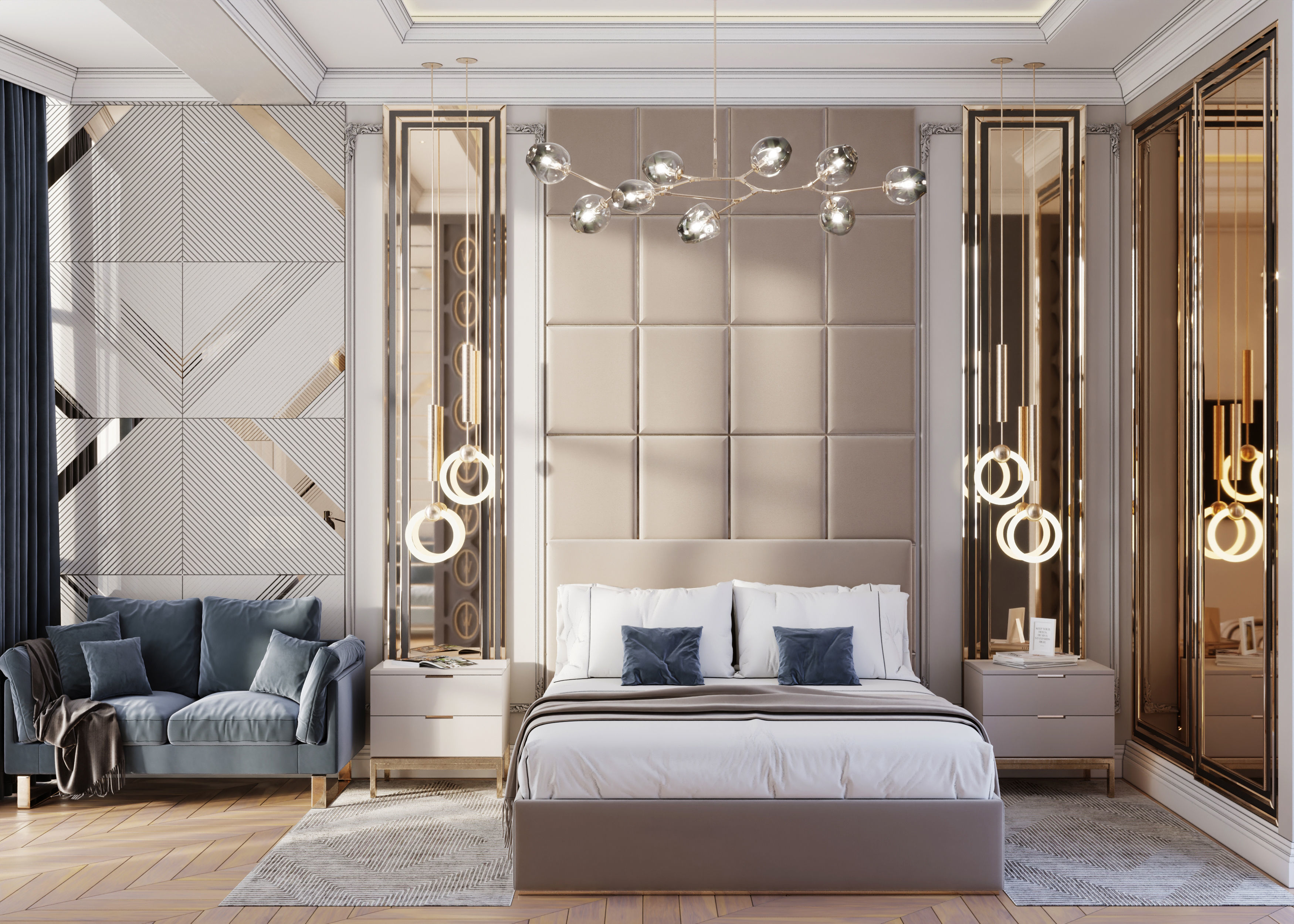 Bedroom with mirrors and gold accents Low-poly 3D model_2