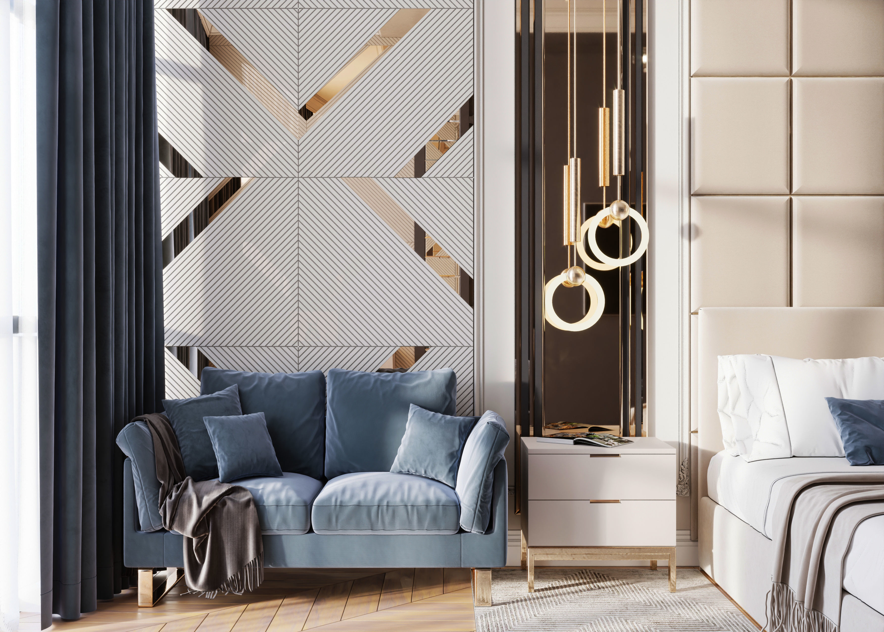 Bedroom with mirrors and gold accents Low-poly 3D model_1