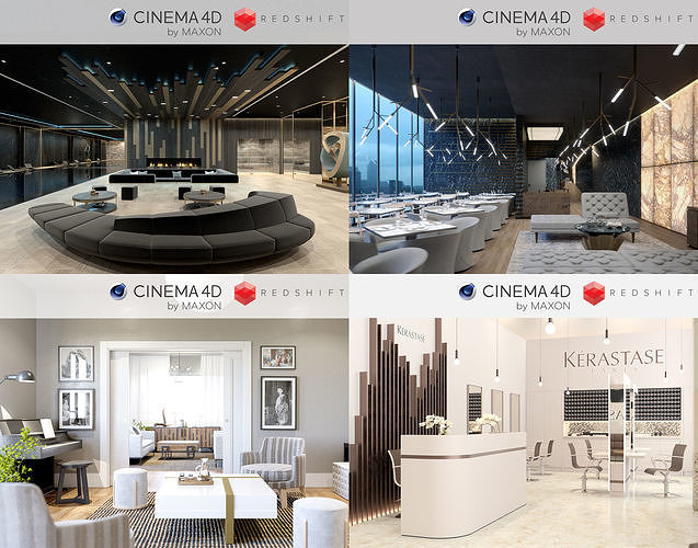 Set 1 - Redshift C4D - 4 x Interior Scenes 3D Model Collection 