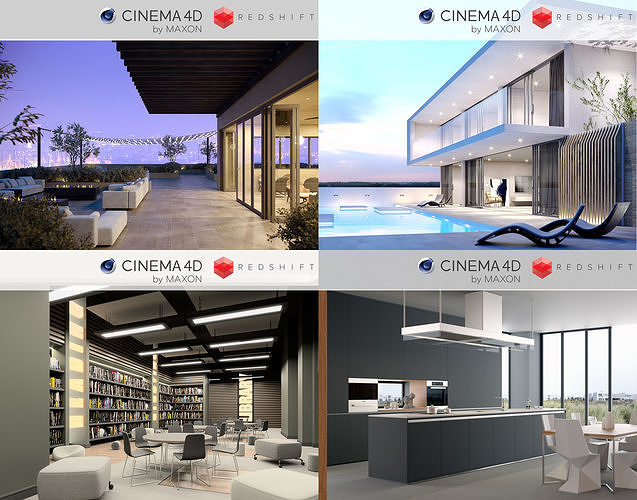 Set 2 - Redshift C4D - 4 x Scenes 3D Model Collection 