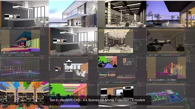 Set 2 - Redshift C4D - 4 x Scenes 3D Model Collection