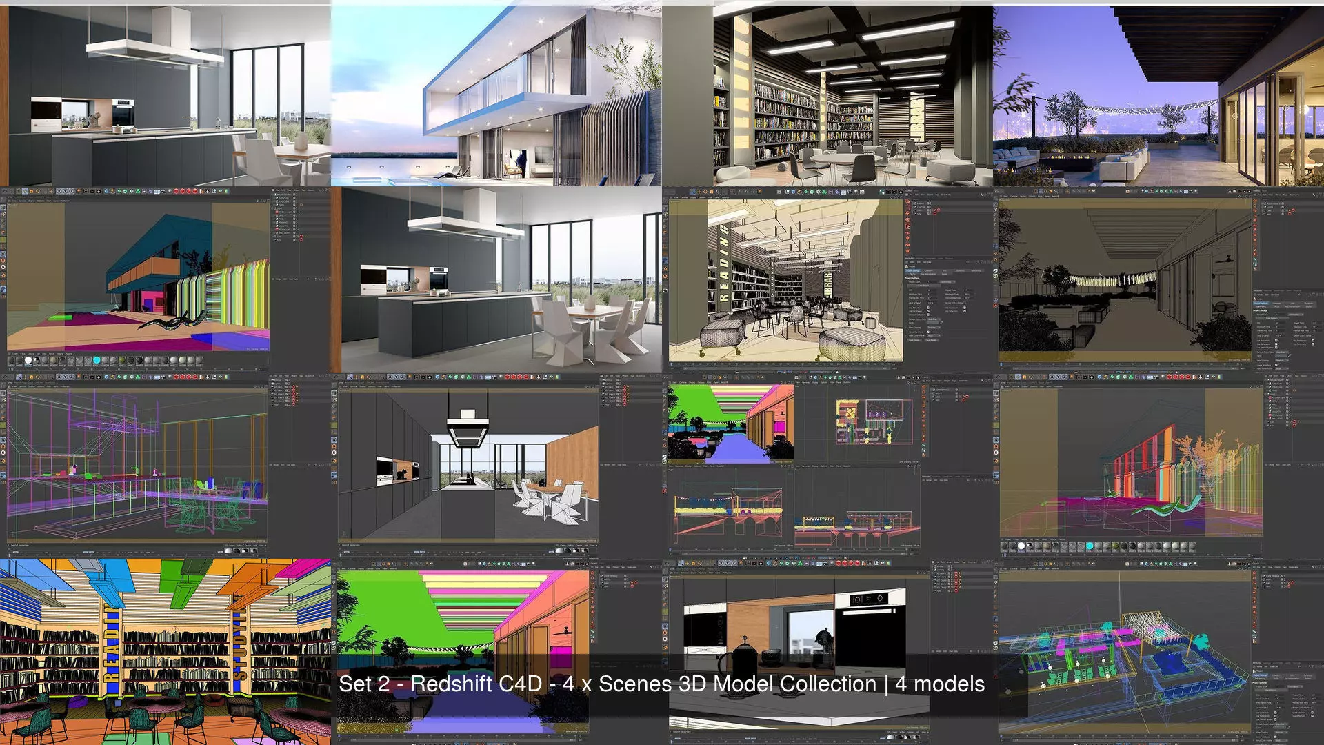 Set 2 - Redshift C4D - 4 x Scenes 3D Model Collection _1