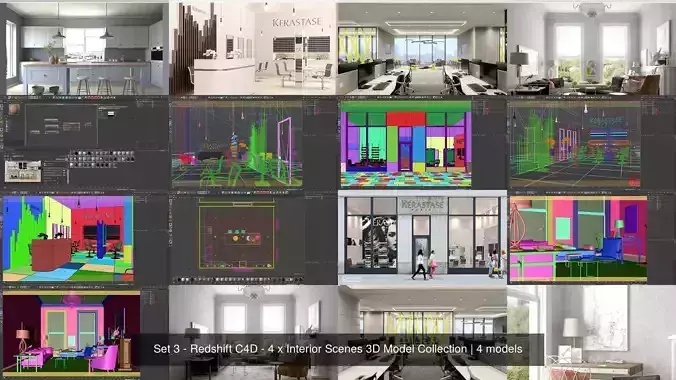 Set 3 - Redshift C4D - 4 x Interior Scenes 3D Model Collection