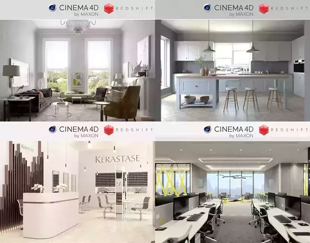 Set 3 - Redshift C4D - 4 x Interior Scenes 3D Model Collection 