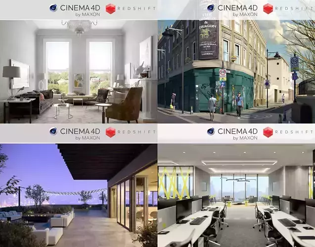 Set 4 - Redshift C4D - 4 x Interior Scenes 3D Model Collection 
