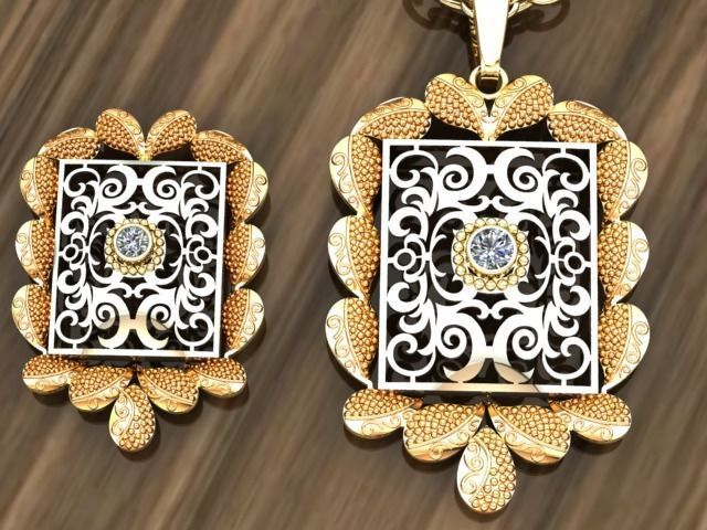 Beautiful Square Indian Locket set Pendant 3D print model_5