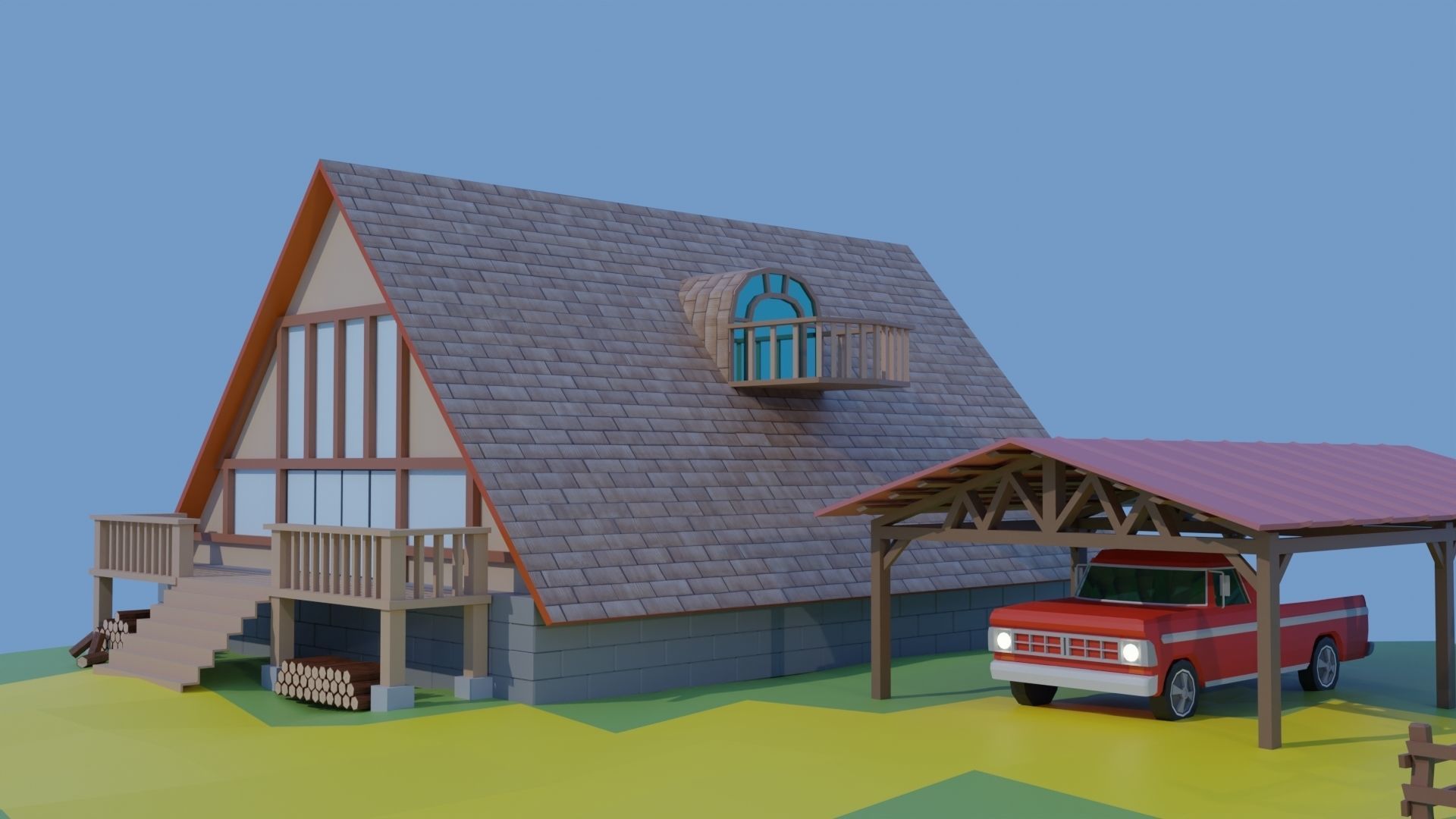 Farm With Rigged Car Low-poly 3D model_2