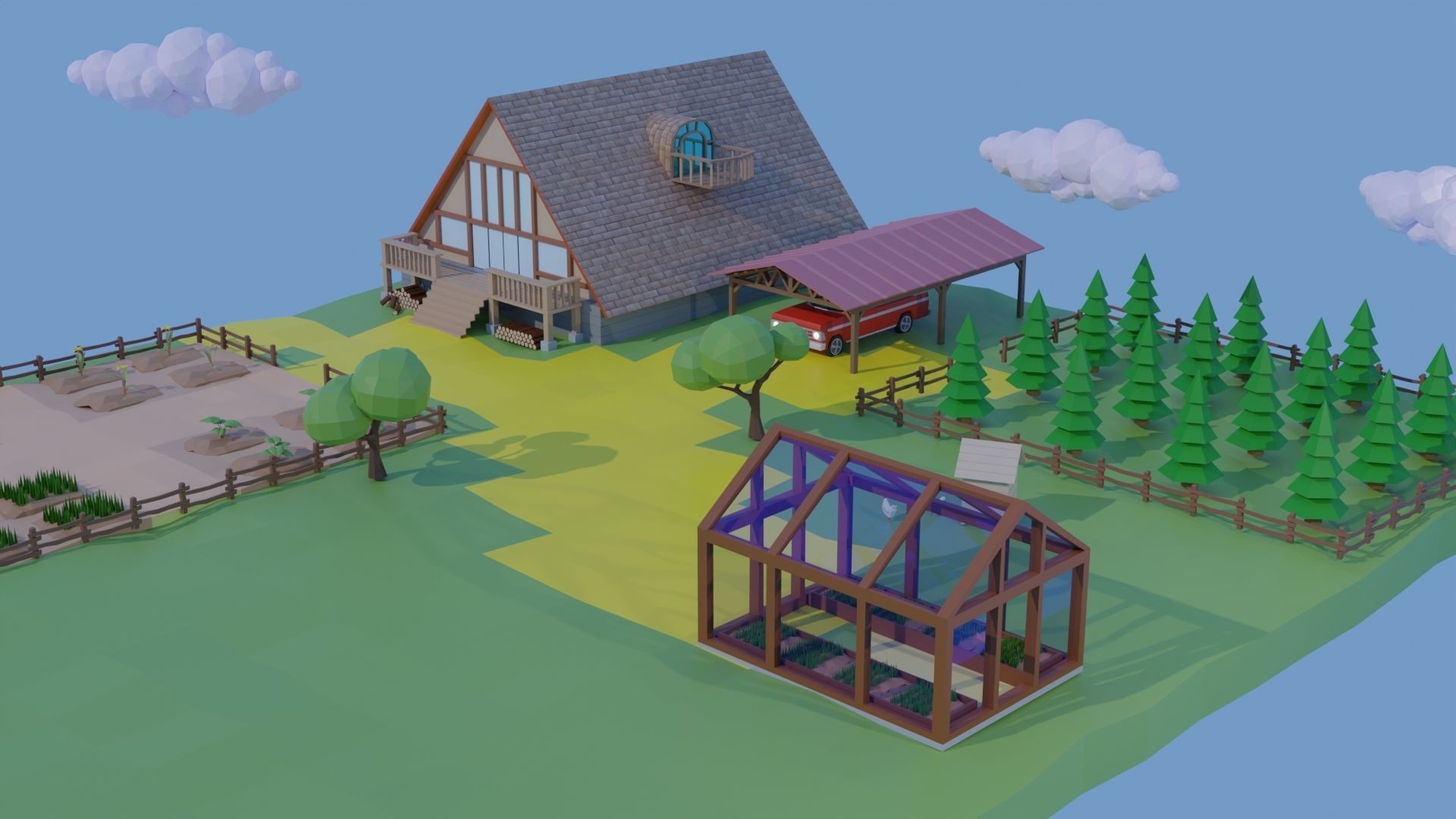 Farm With Rigged Car Low-poly 3D model_1