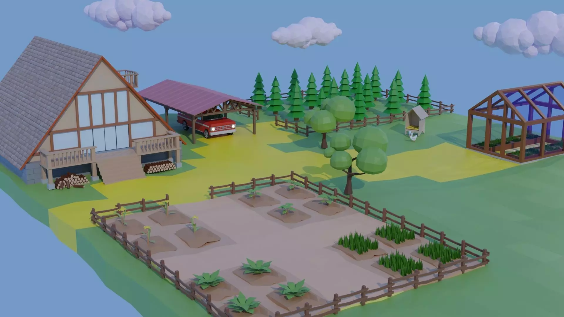 Farm With Rigged Car Low-poly 3D model_0