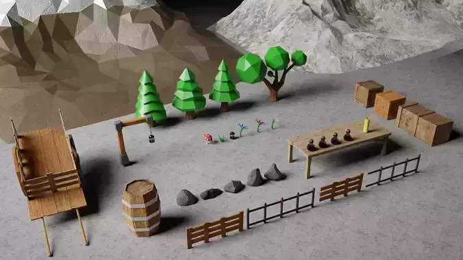 Low Poly Pack set of wooden structures in middle of mountain