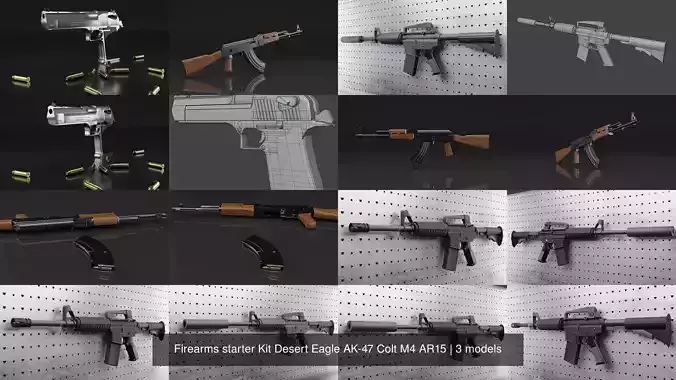 Firearms starter Kit Desert Eagle AK-47 Colt M4 AR15 3D Model Collection